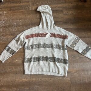 Nine West Womens Grey Sequin Stripe Hooded Sweater Rose Gold Silver NWT L